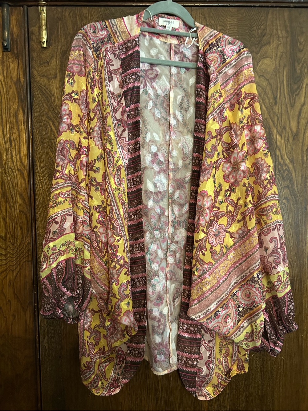 Umgee Yellow Multi-Print Open-Front Kimono Cape with Pink & Brown Accents